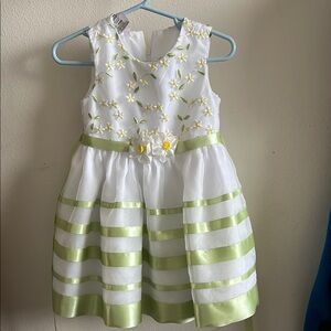 White and Green Floral Embroidered Dress